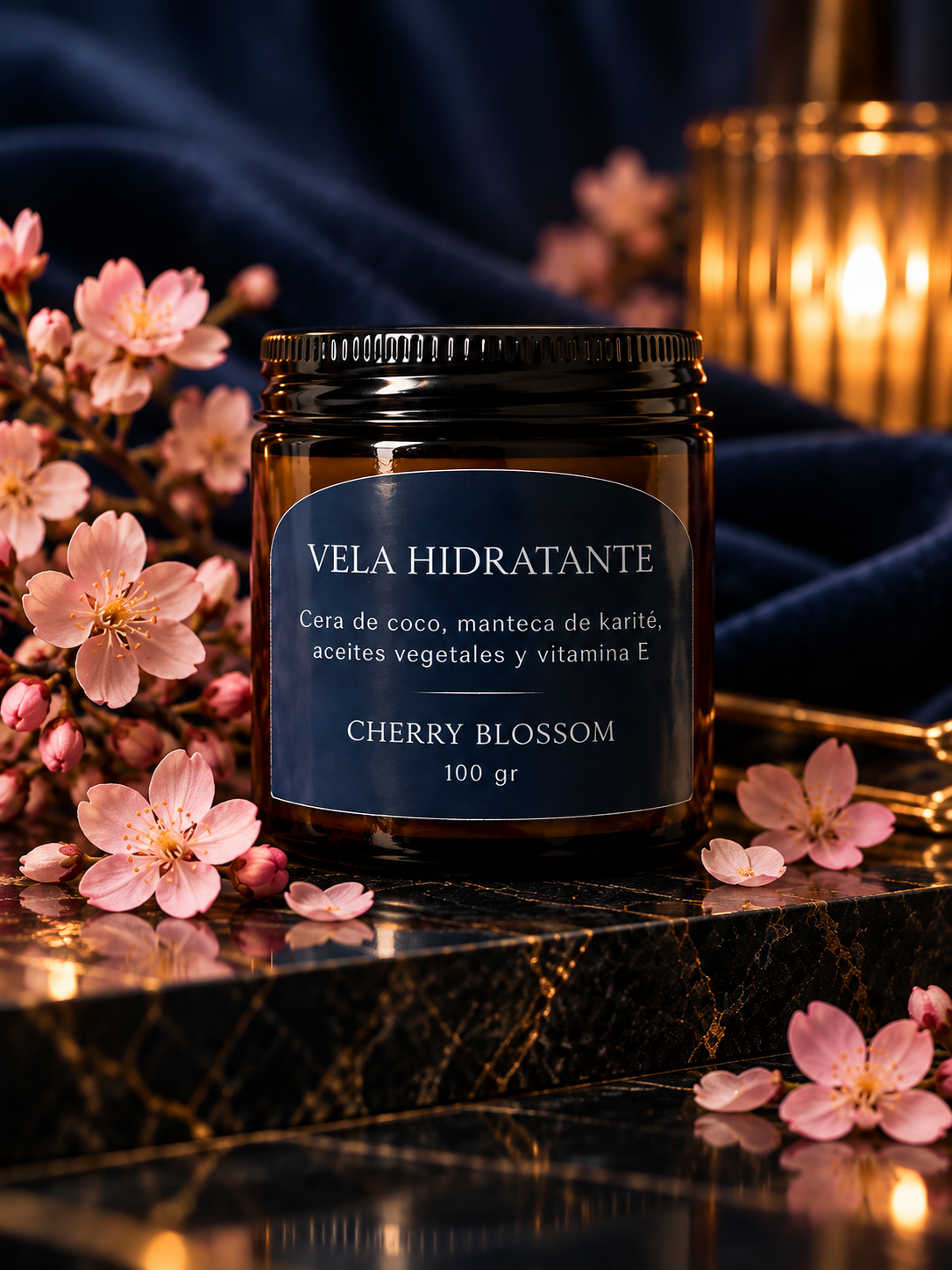 Vela SALŌ Cherry Blossom en frasco ámbar
